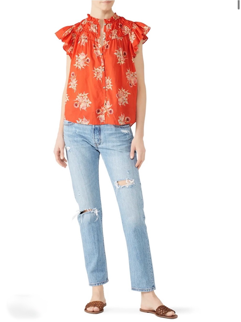La Vie Rebecca Taylor Orange Floral Ruffle Sleeve Cotton Catrine Blouse Small